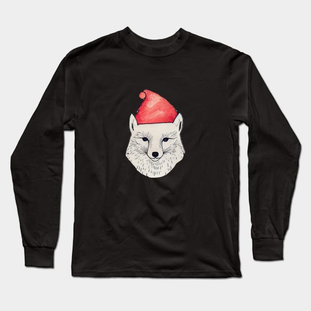 Arctic Fox Wearing a Christmas Hat Long Sleeve T-Shirt by fistikci